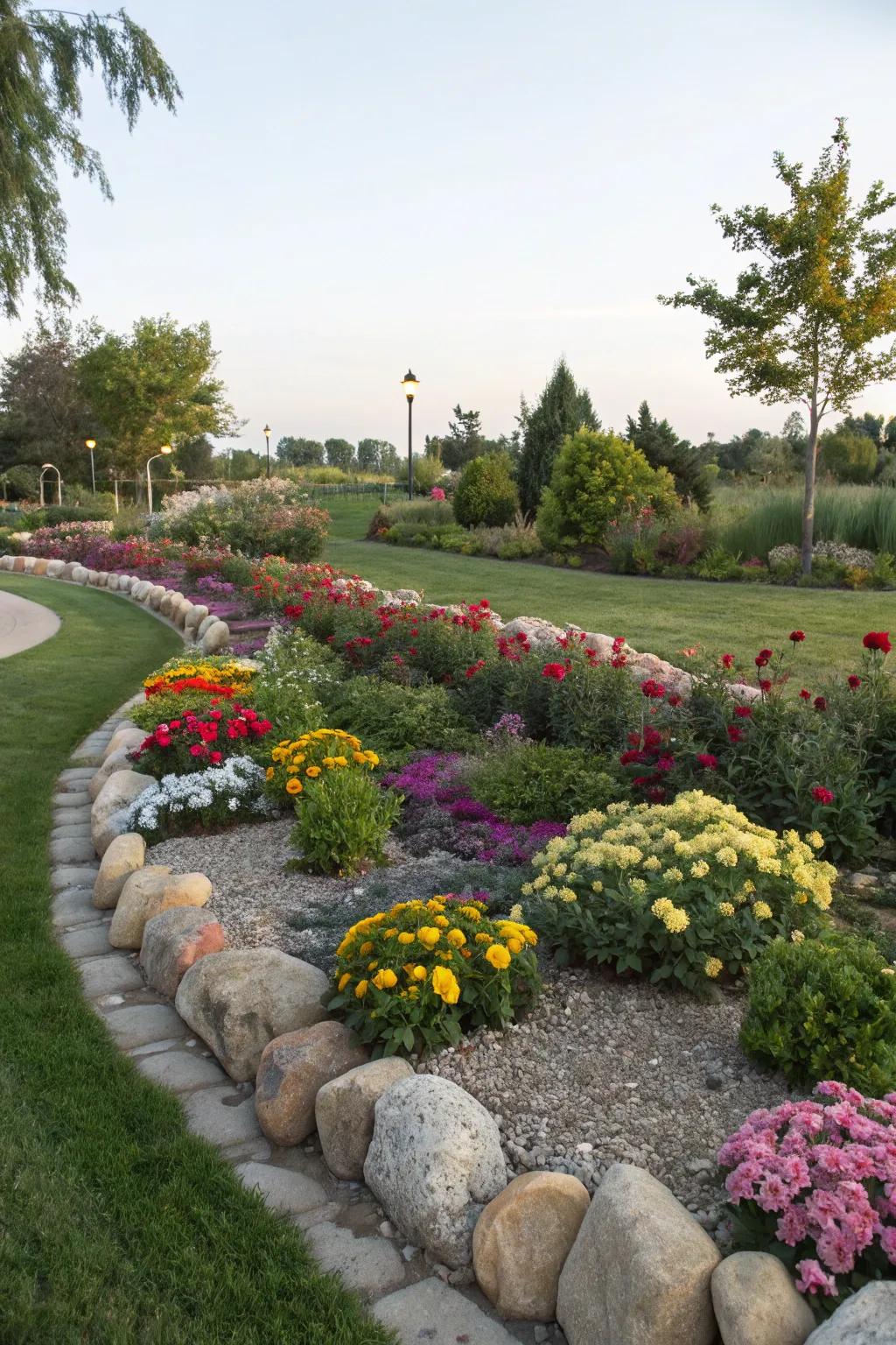 Stone outlines provide arrangement and contrast against vibrant plants.