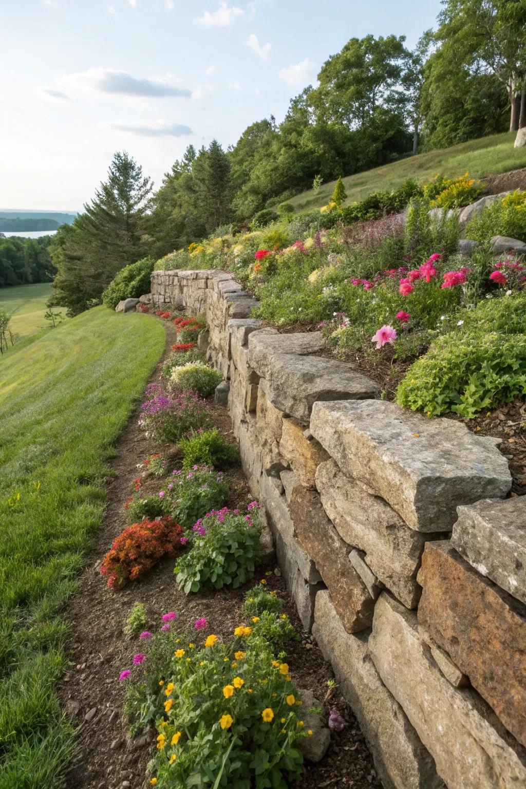 A robust stone sustaining partition supports a vibrant hillside garden.