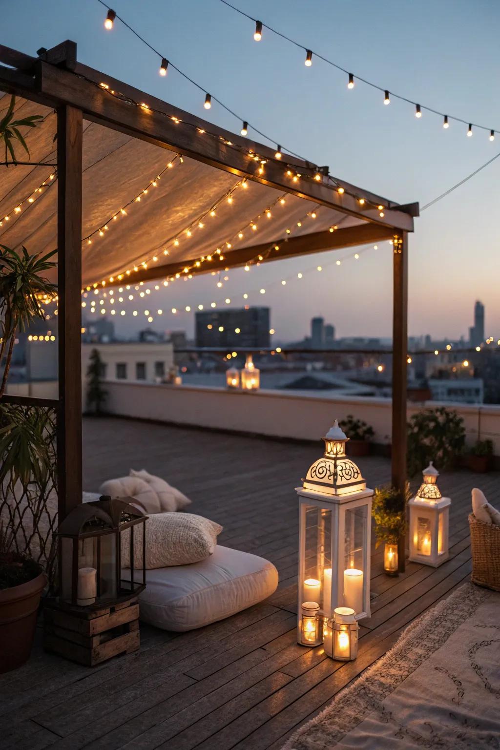 Inventive lighting transforms your rooftop into a nocturnal sanctuary.