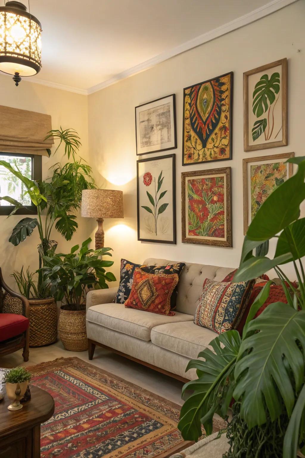 A lively living space filled with artwork and greenery.