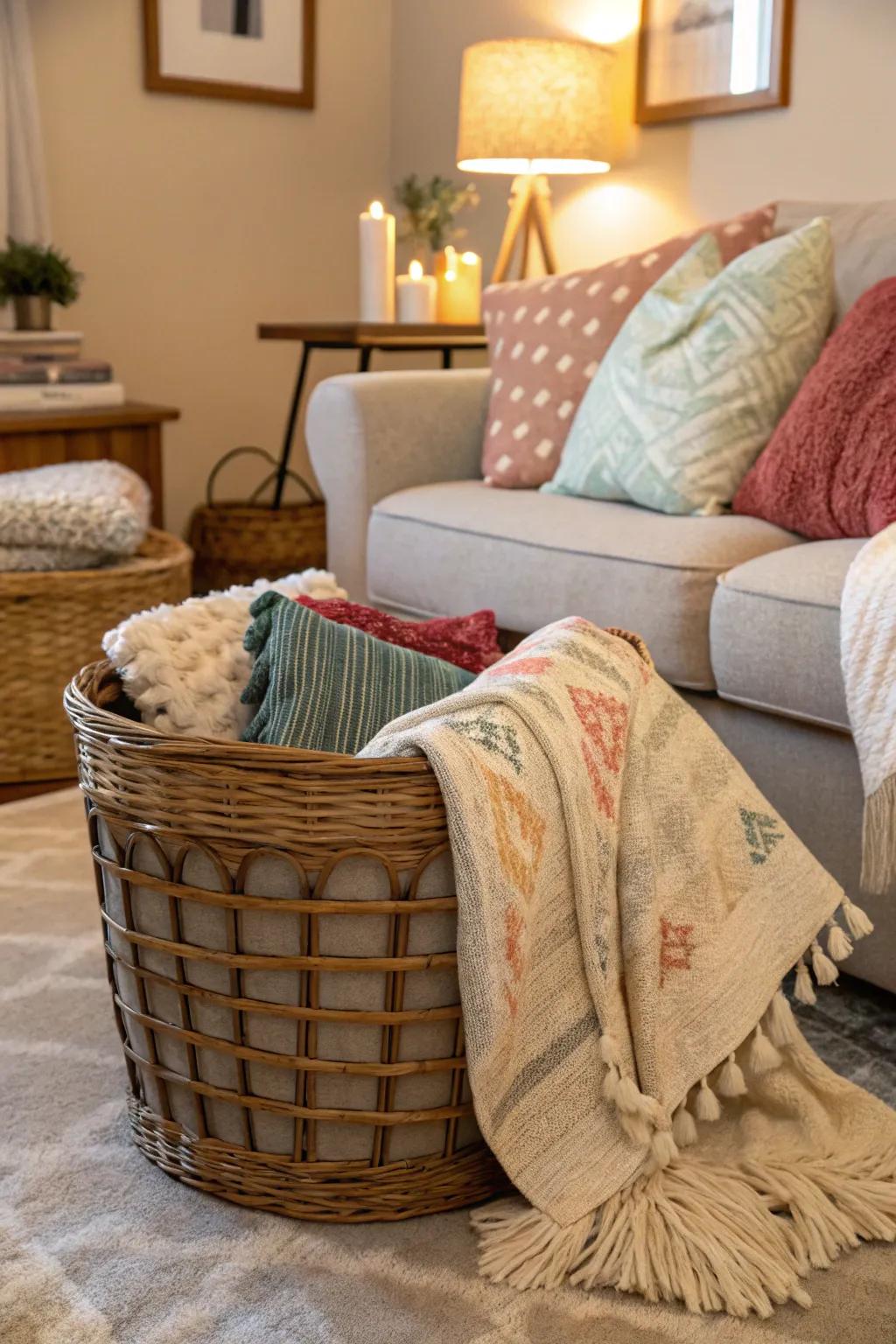 Woven baskets provide charm and function to any space.