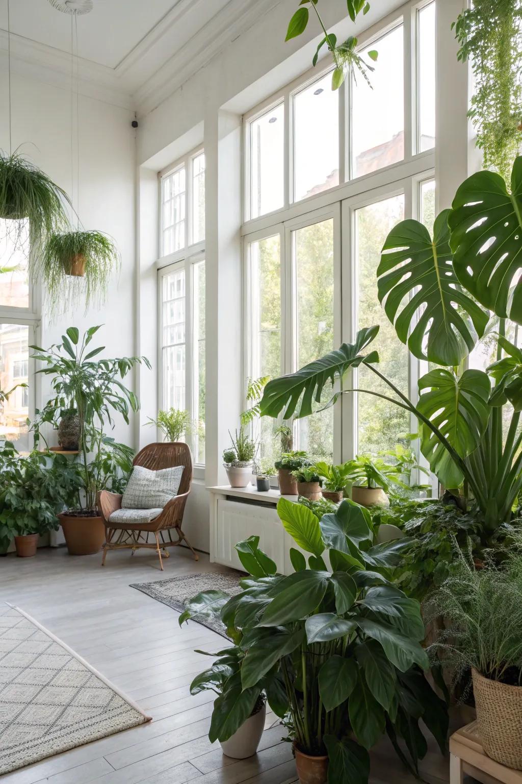 A lively room that is filled with plants and greenery to give a fresh look.