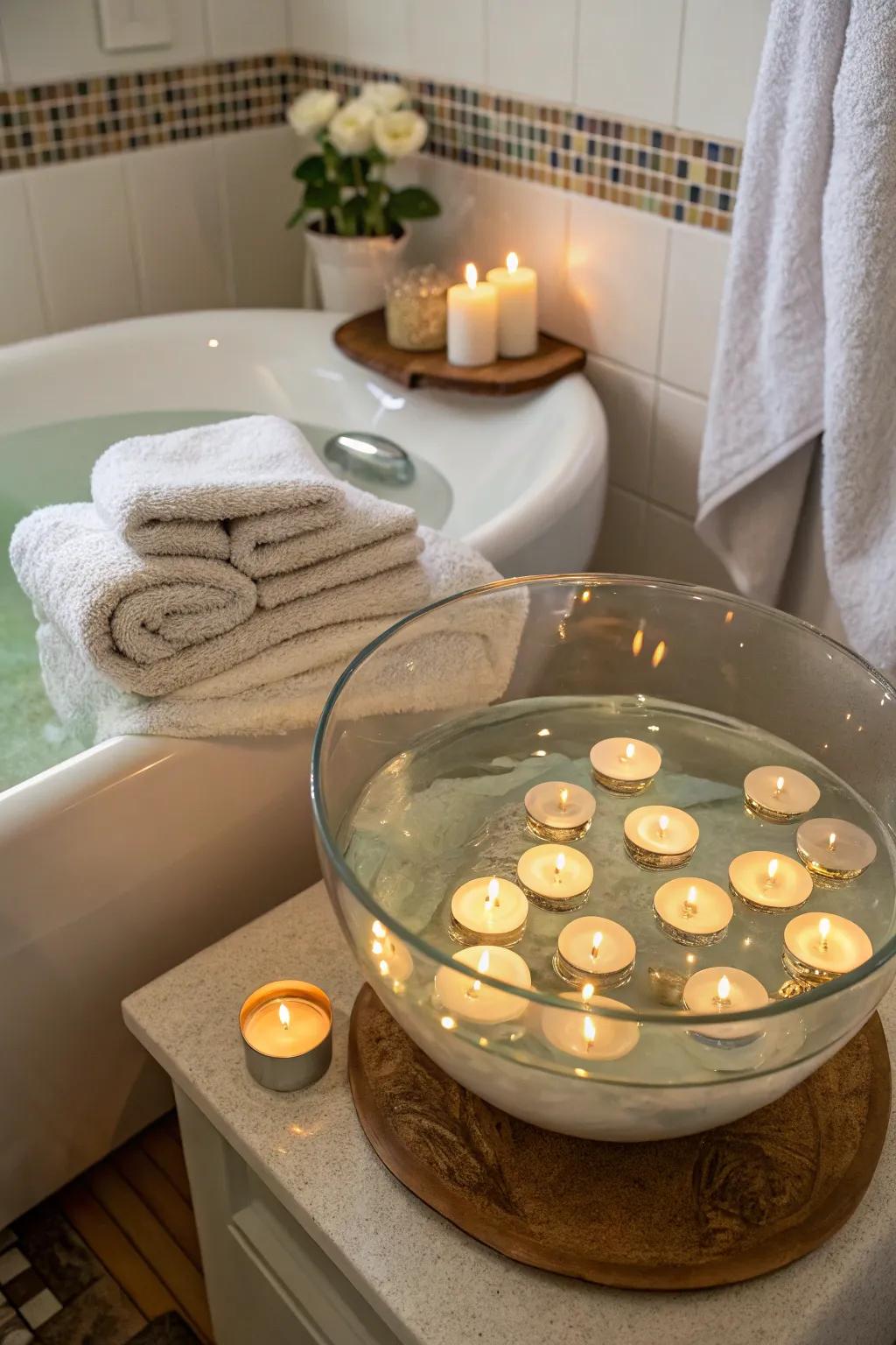 Drifting wax lights within a clear bowl deliver a relaxing and tranquil ambiance.