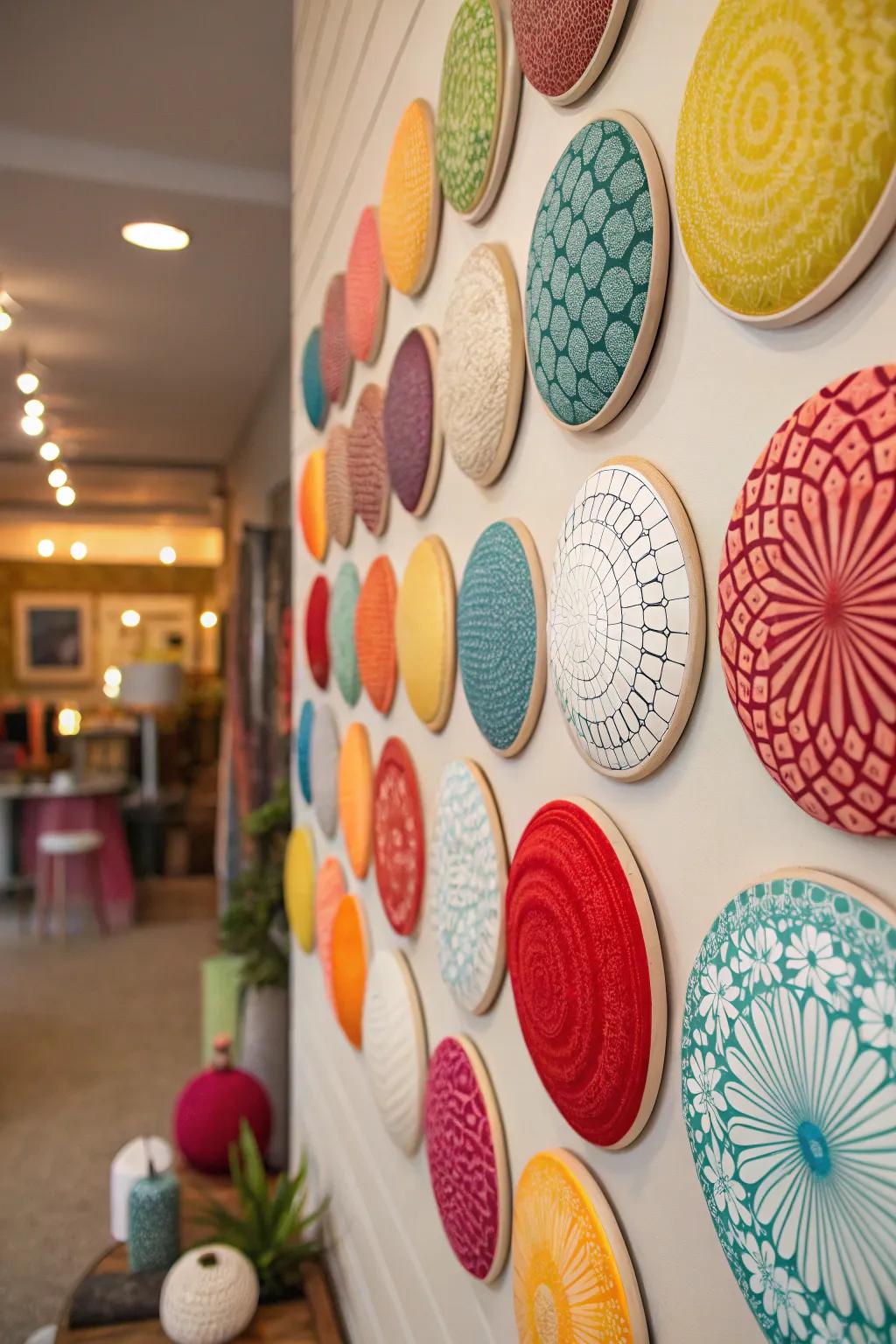 Arranged round ornamental pieces crafting a lively wall exhibit.