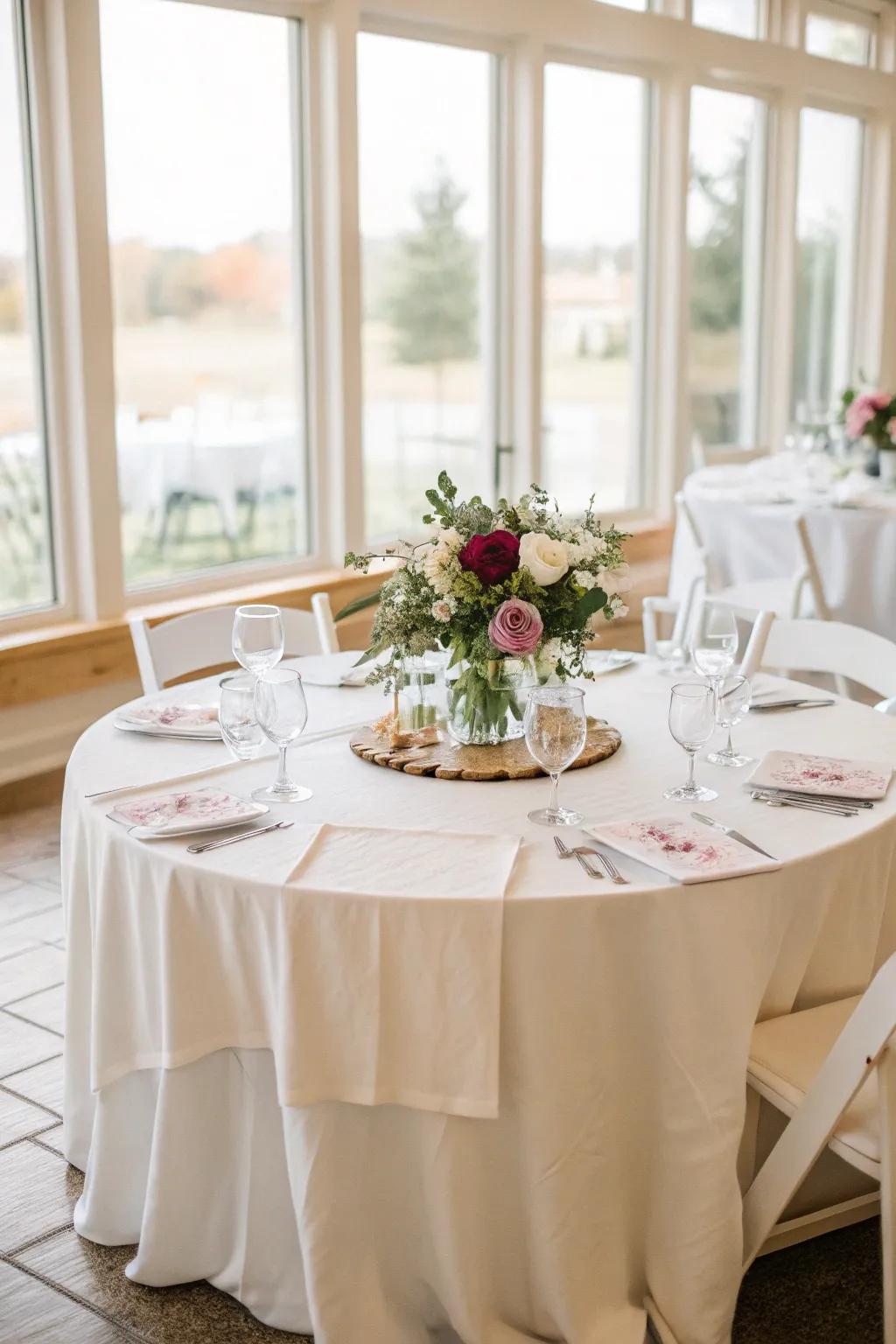 Understated elegance evident in a linen table covering within a bright environment.