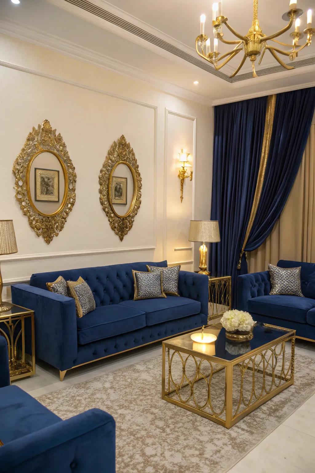 Metallic accents add a luxurious glimmer to a royal blue-themed space.