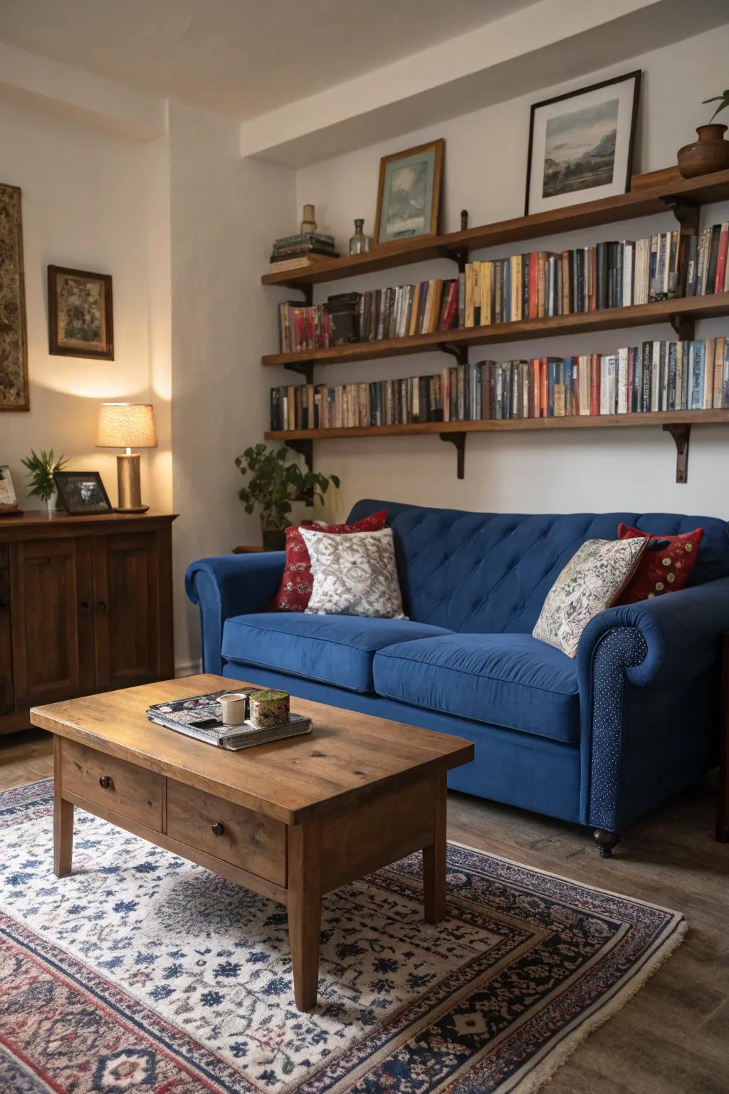 Lumber elements create a warm contrast with the sapphire settee, boosting the room's comfort.