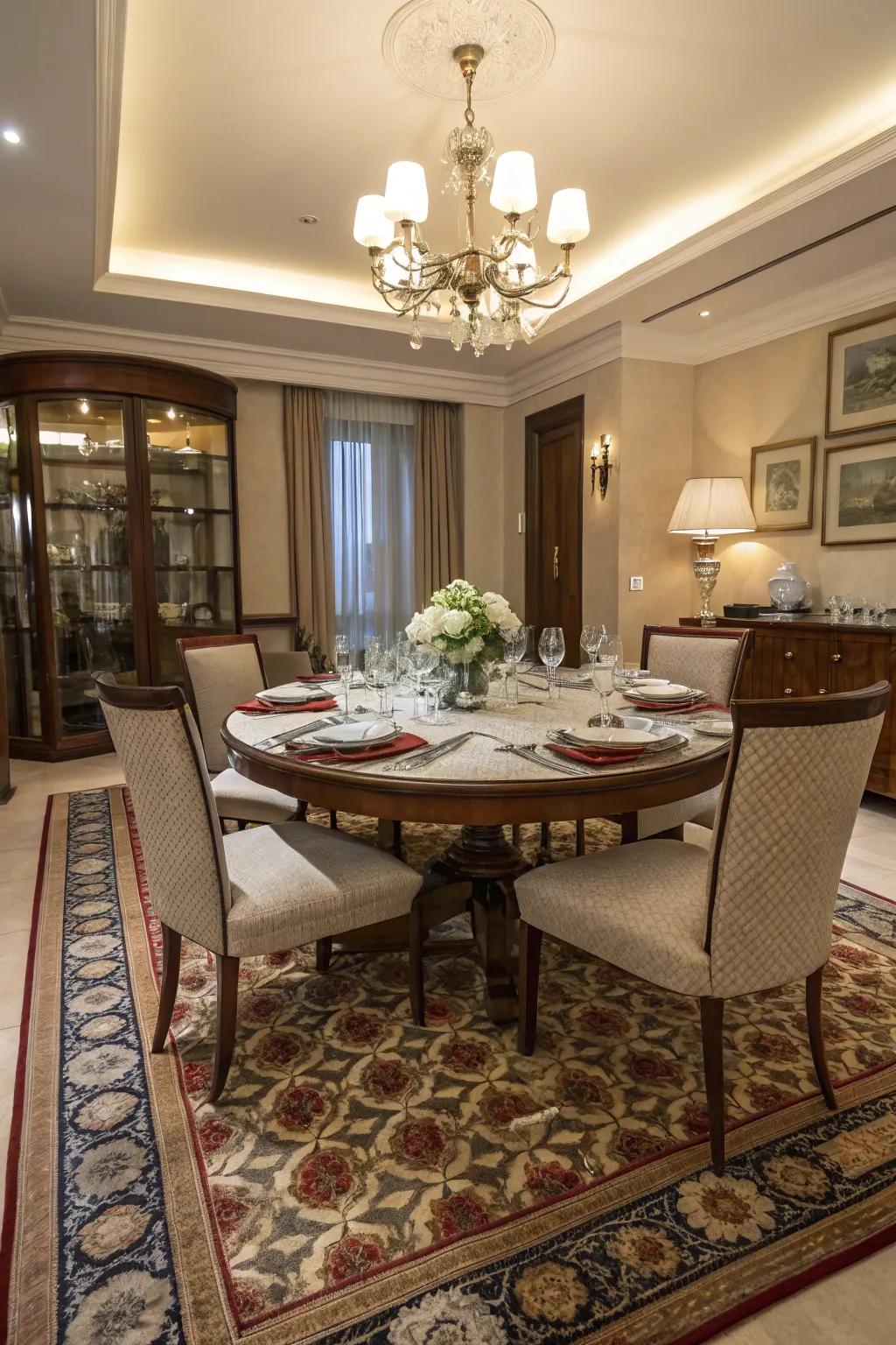 A thoughtfully placed rug can really anchor and uplift your dining area.