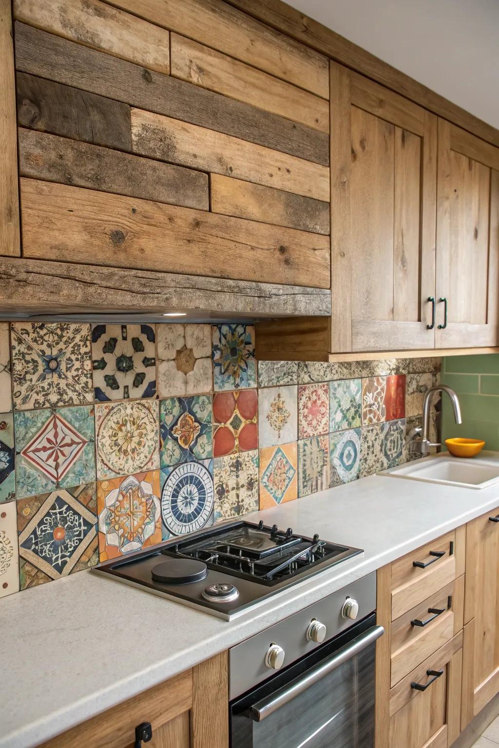 A combination of reclaimed wood and tiles creates a warm, inviting look.