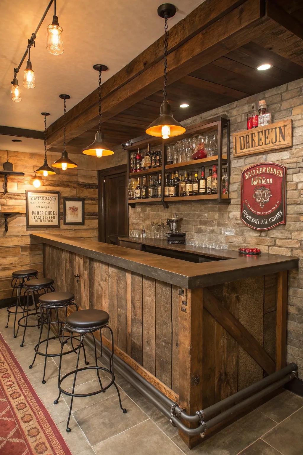 An earth-toned home tavern sets the stage for elegant entertainment.