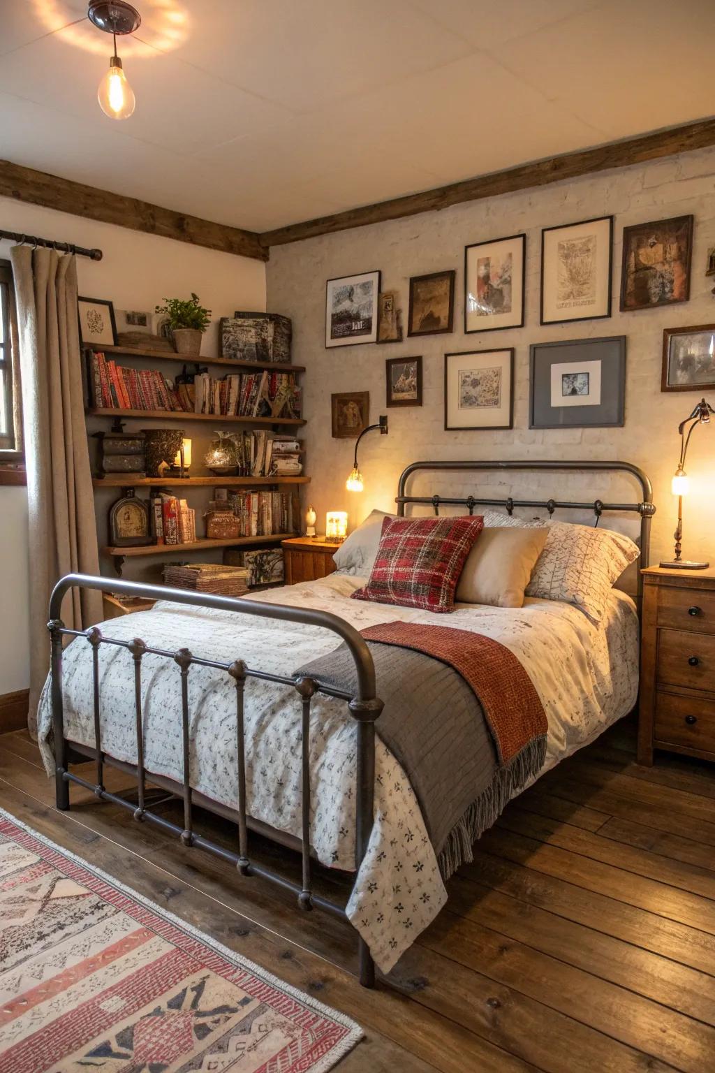 A steel bed structure contributes an factory-esque touch to this countryside bedroom.