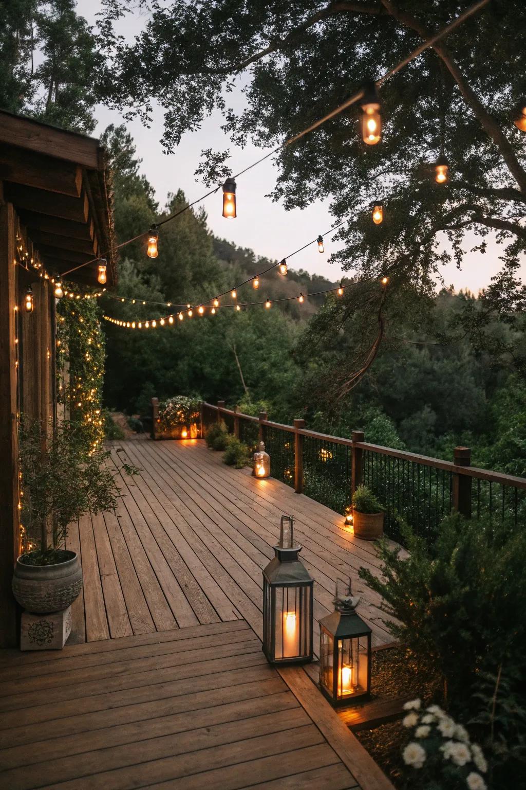 String lights and lanterns add a magical glow to this rustic deck.