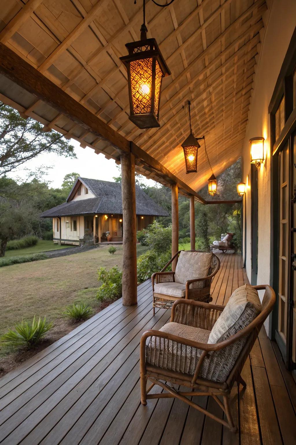 A porch illuminated by charming lantern-style illumination.