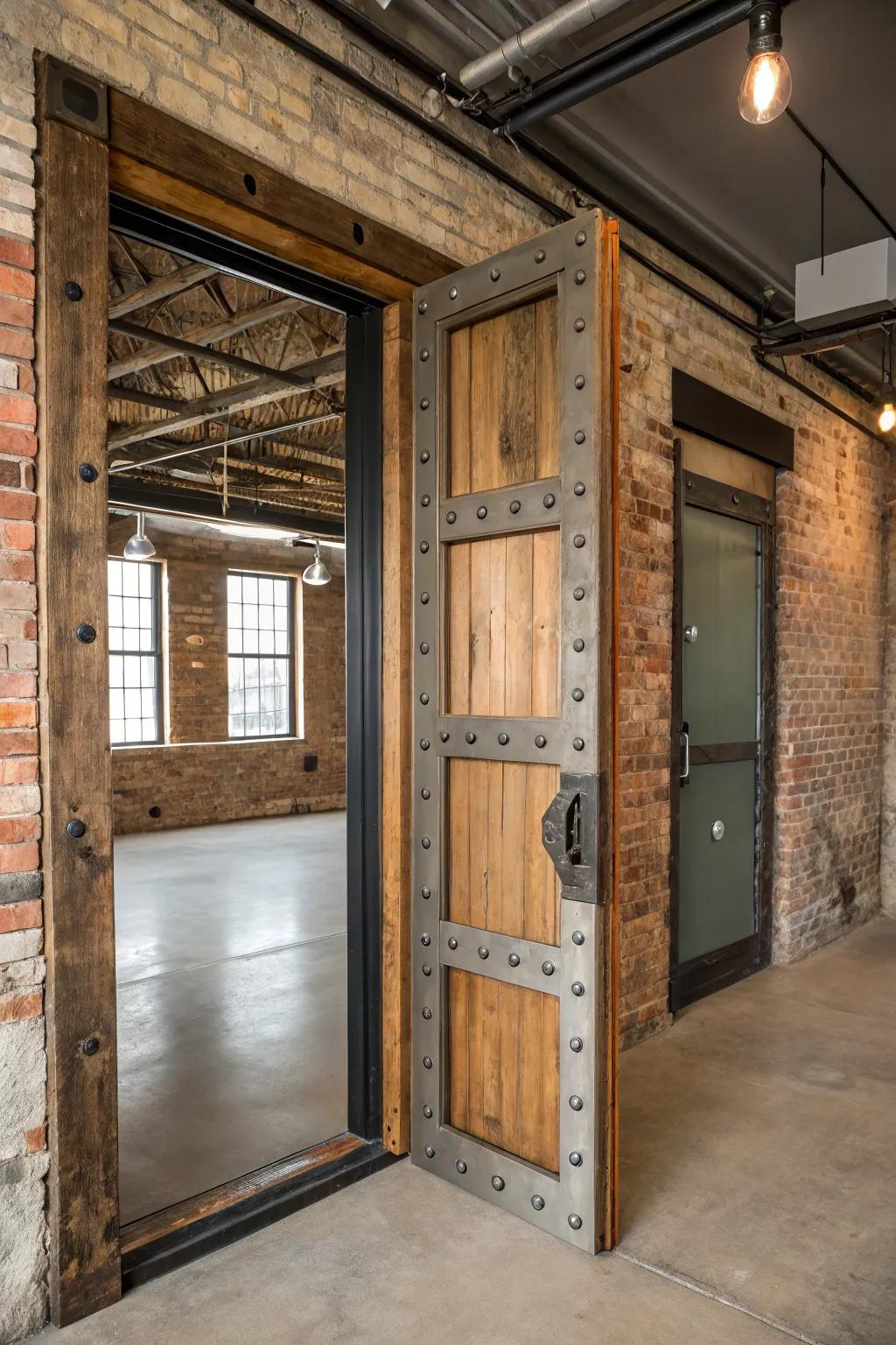 An entryway casing merging timber and metal for an industrial countryside appearance.
