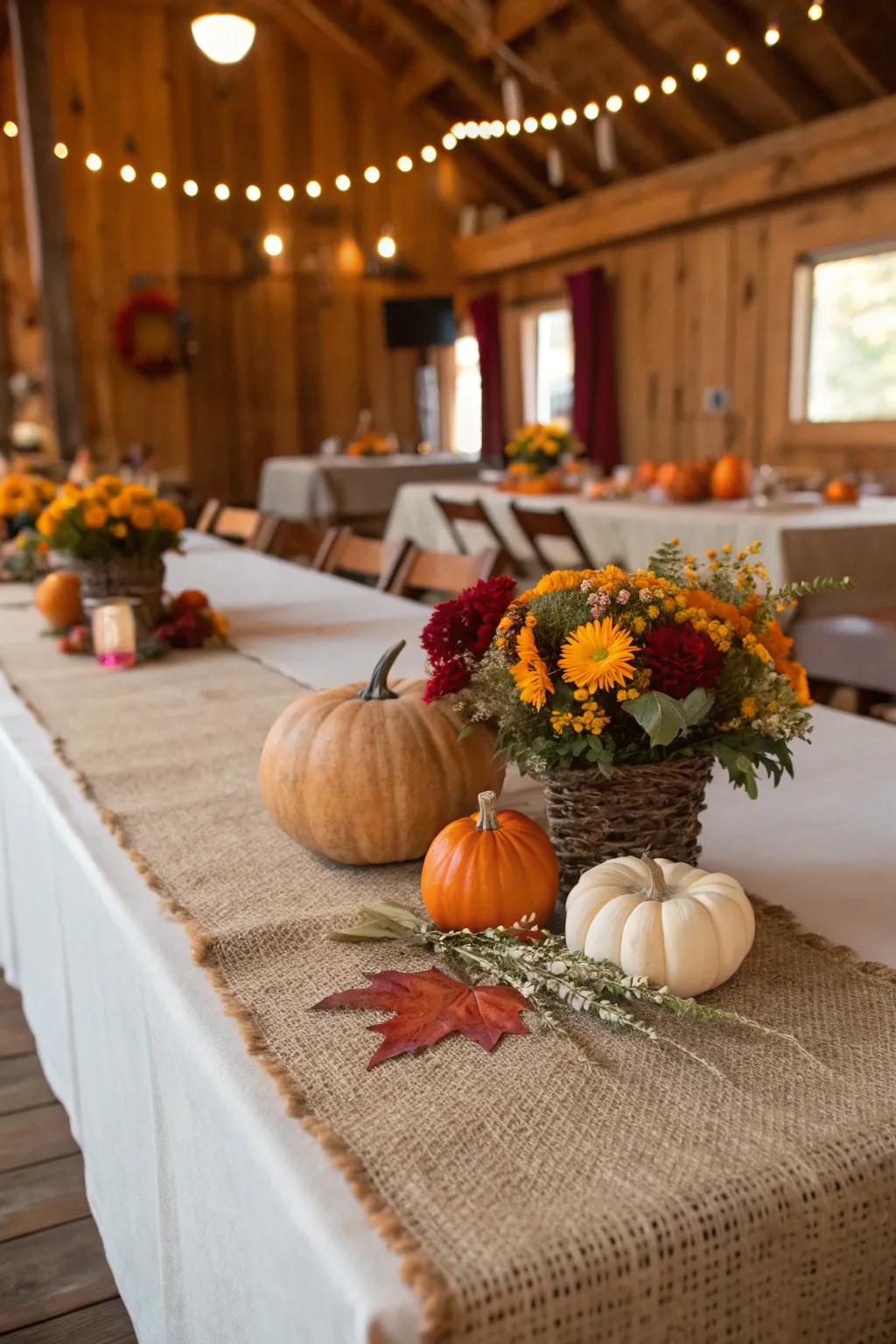 Burlap runners bring rustic elegance to the table.
