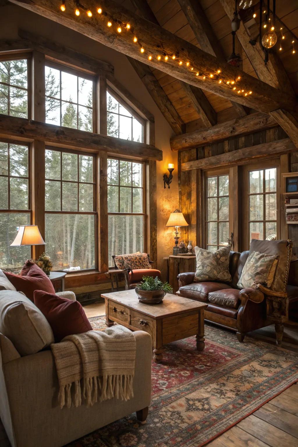 Gentle lighting and expansive windows amplify the room's inviting ambiance.