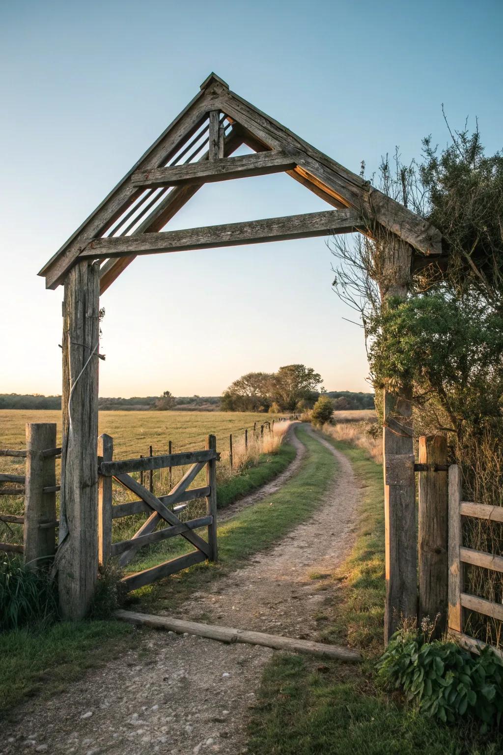 A striking A-frame gateway atop a farm portal.