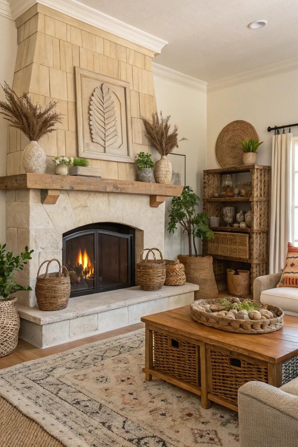 A broad hearth functions as a focal point and practical area in this rustic design.
