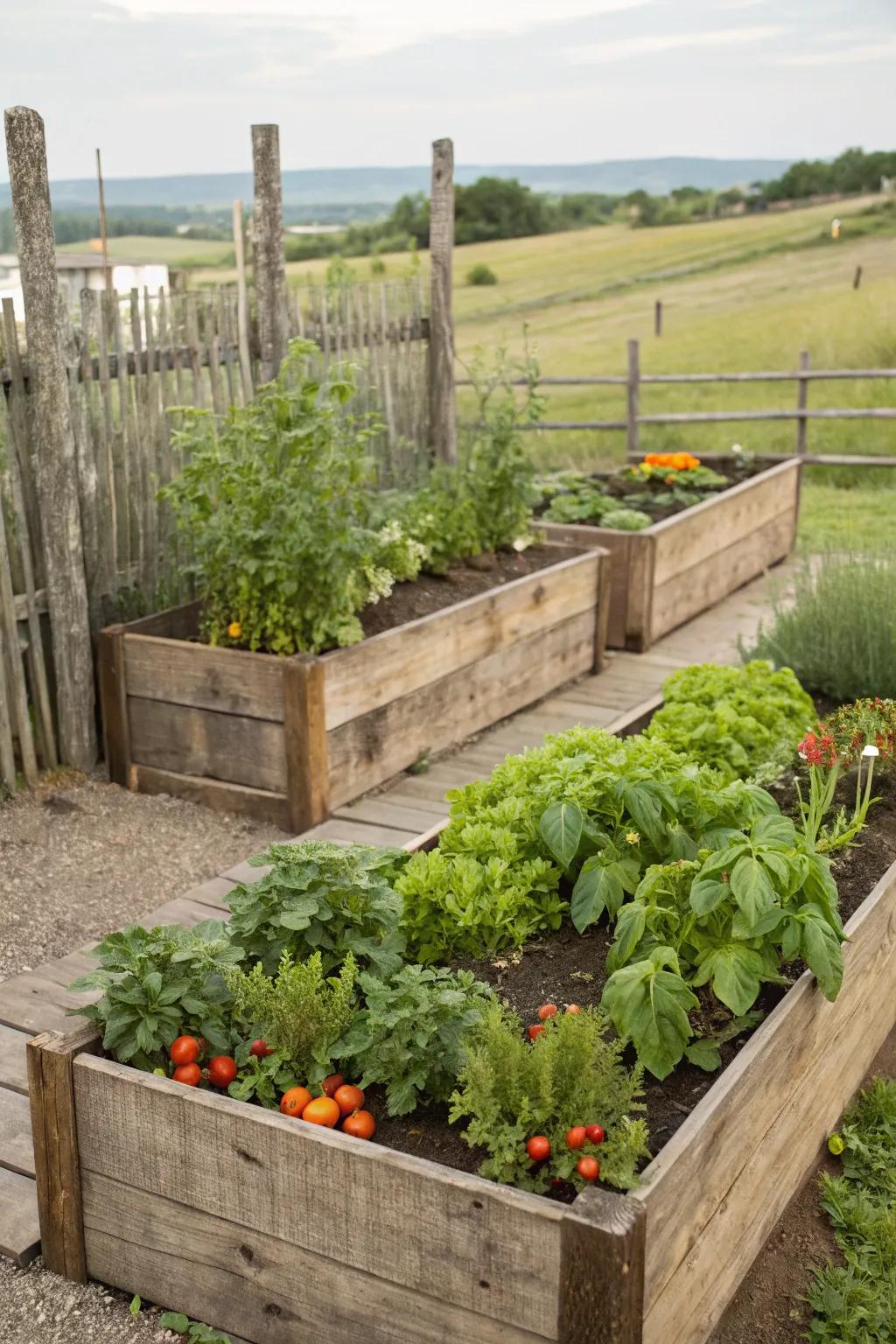 Elevated planting plots overflowing with lush vegetation.