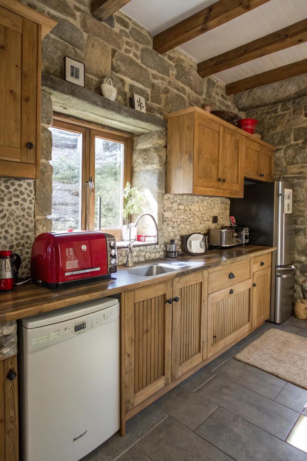 A fusion of modern and vintage appliances achieves balance in a rustic kitchen.