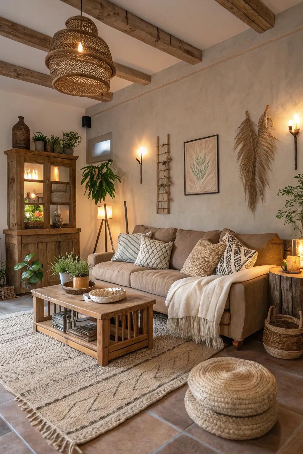 Neutral colors create a calming and inviting atmosphere in rustic living rooms.