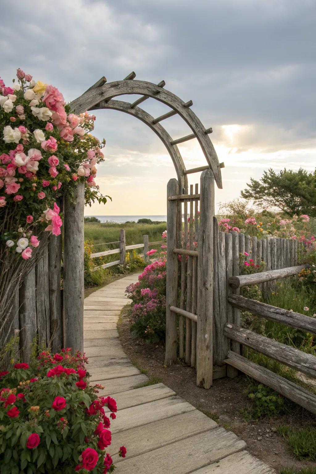An arched timber boundary fashions a bewitching entryway, encircled by vibrant blossoms.
