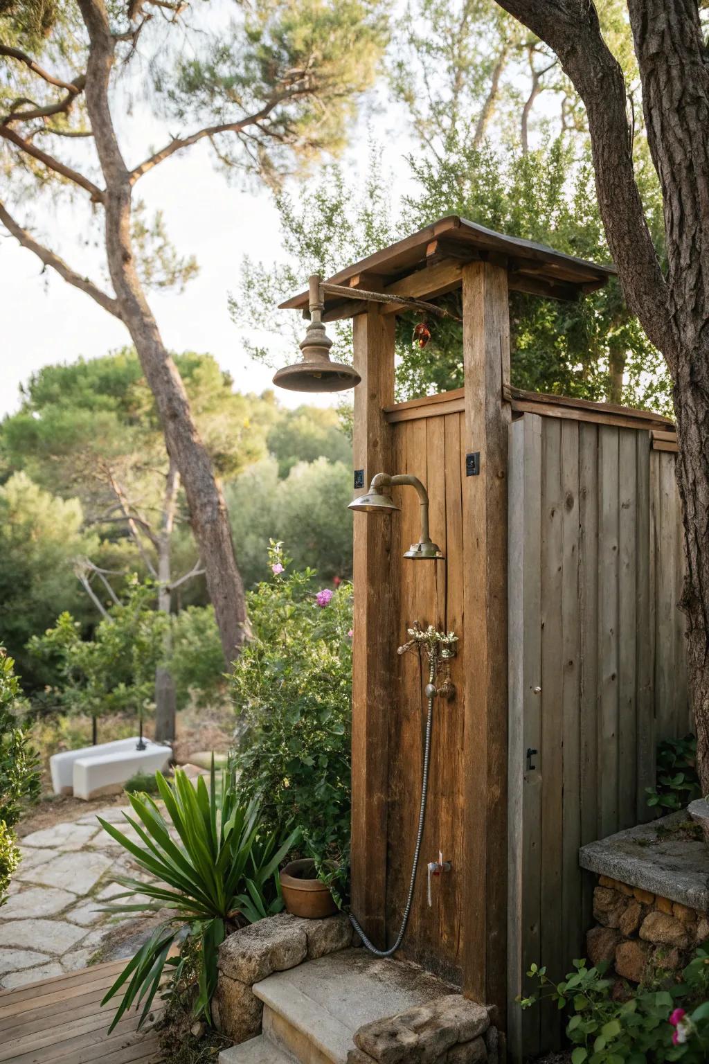 A rustic shower offers a refreshing escape in nature.