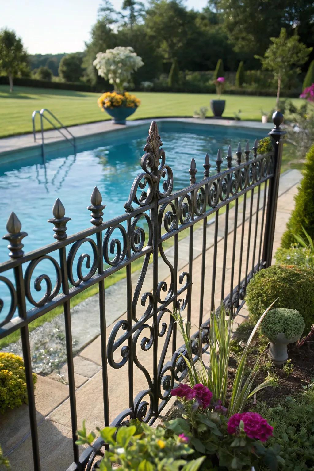 A stylish crafted iron barrier enhancing the sophistication of the pool area.