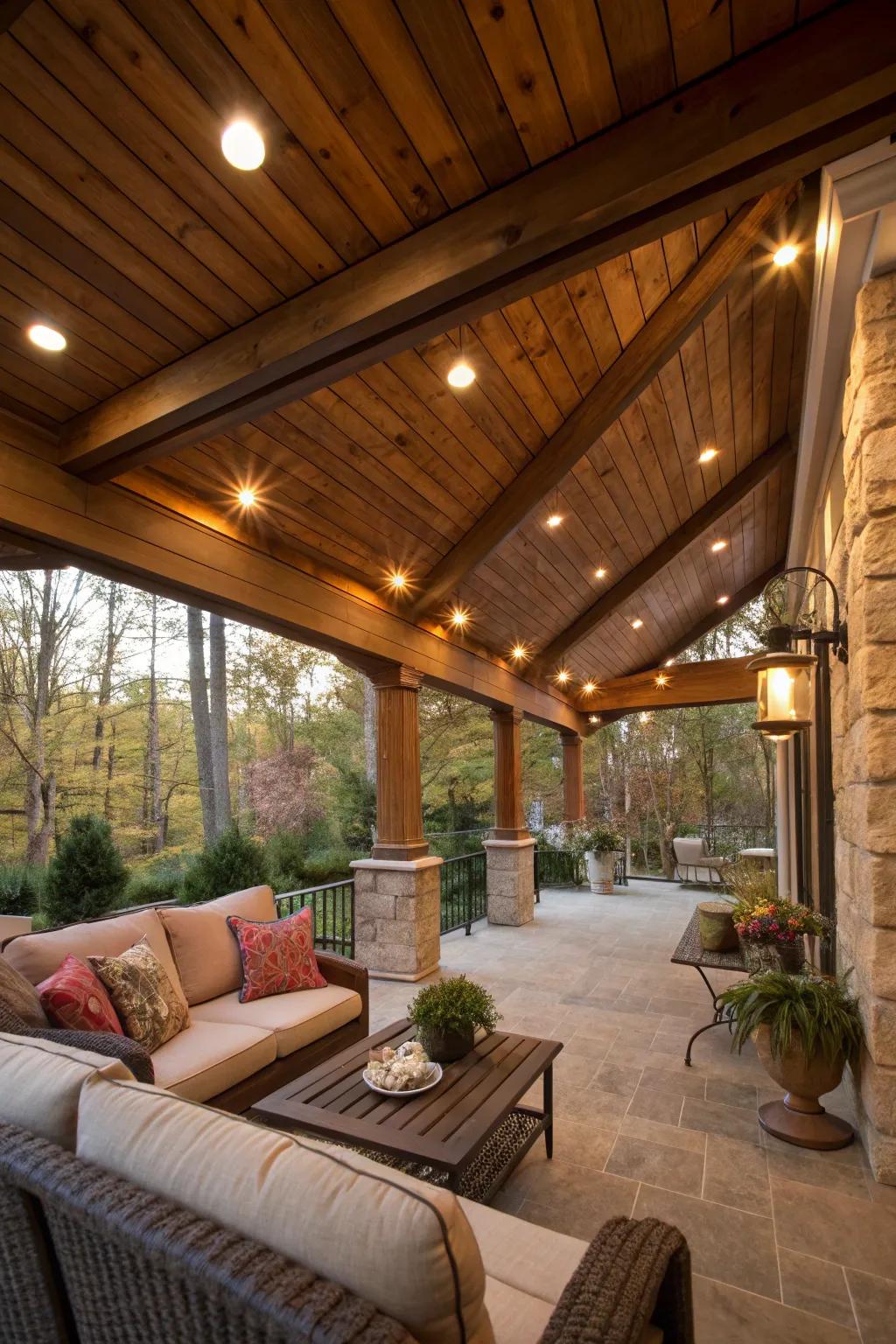 Hidden lighting adds a contemporary touch to rustic charm.