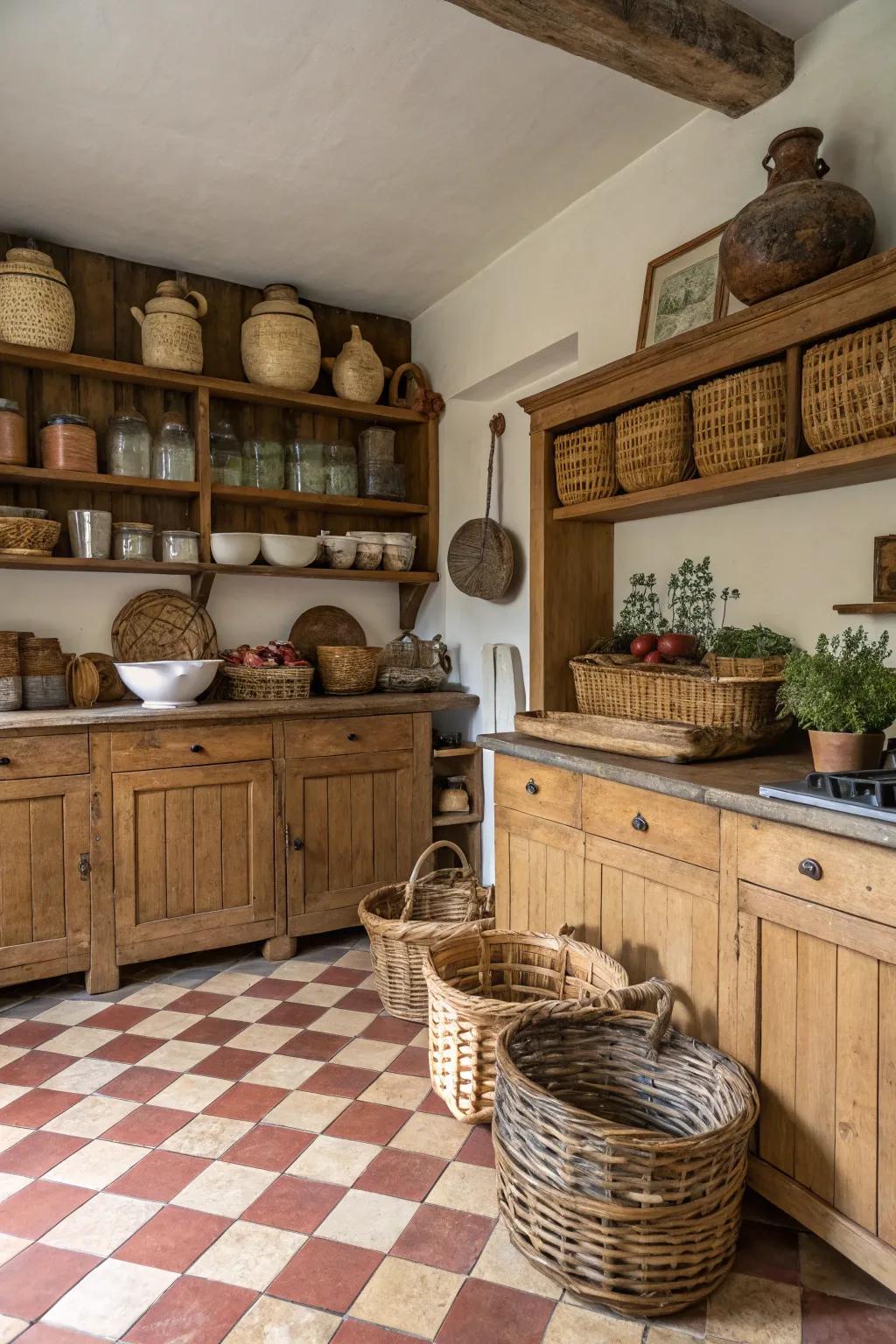 Pottery and woven containers add rural appeal to this kitchen.