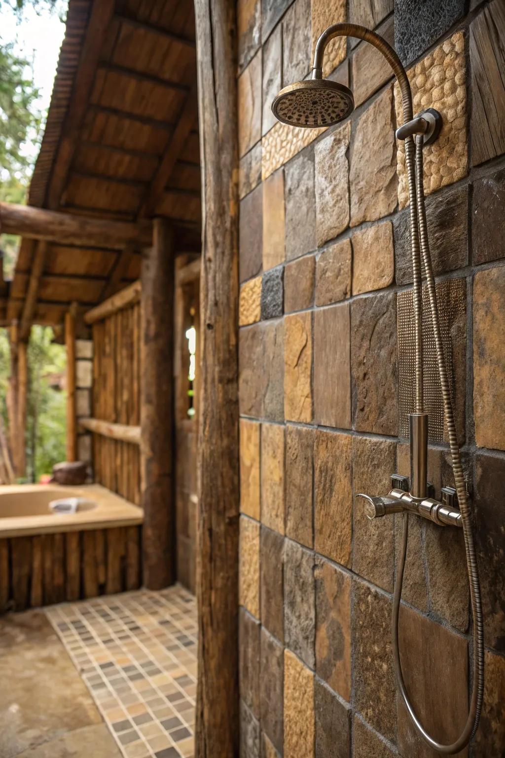 A country-style shower showcasing textured cladding that mimics natural substances, heightening the area's depth.