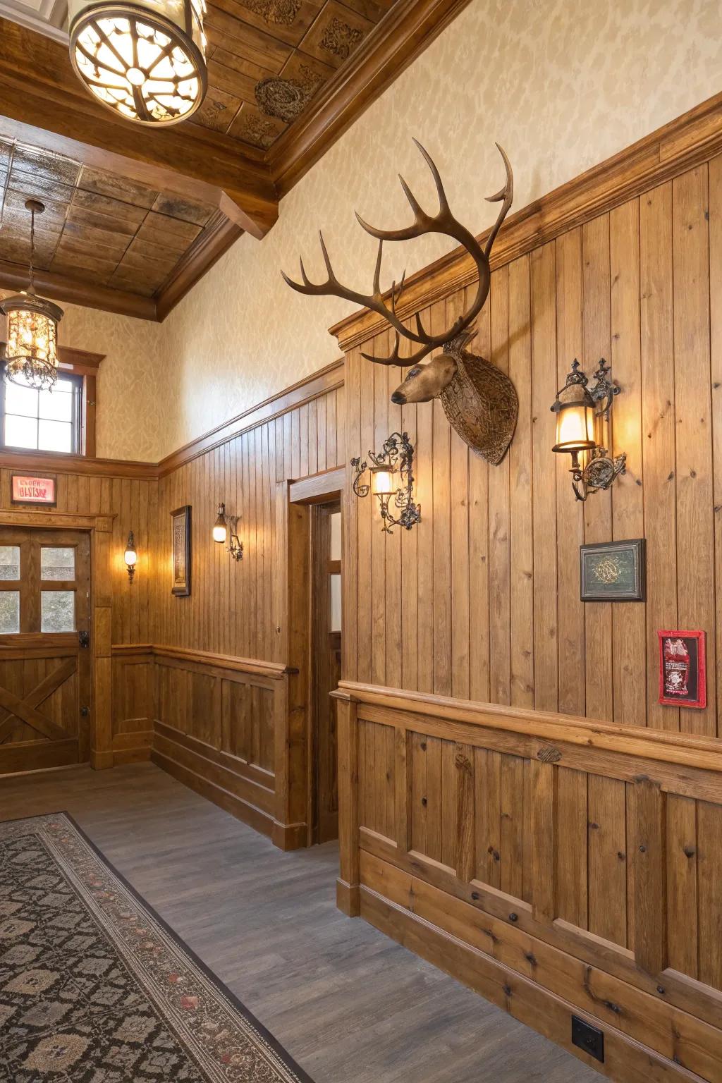 For extra appeal, rustic accents complement the wainscoting.