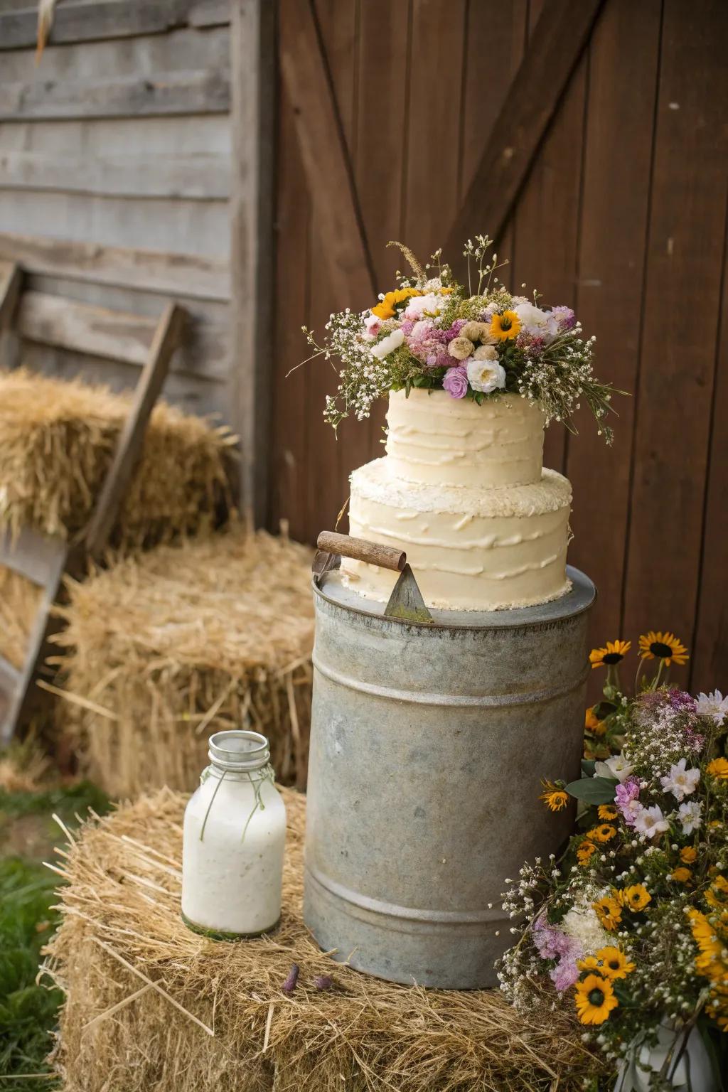 Charming antique milk churn base for a rustic cake display.