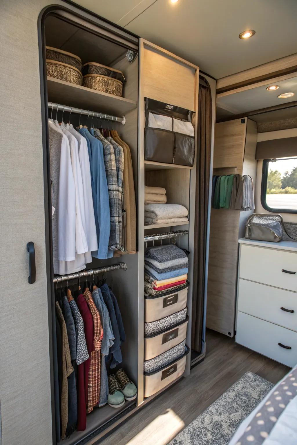 In an RV closet, foldable organizers offer the most storage versatility.