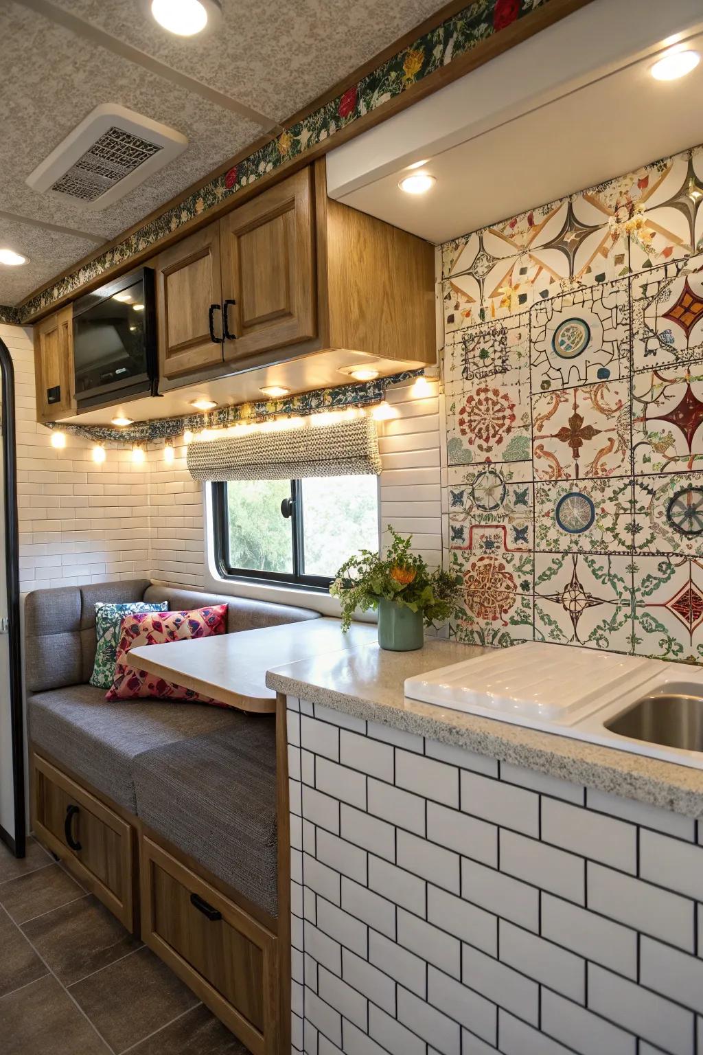Textured surfaces provide depth and visual appeal to this RV interior.