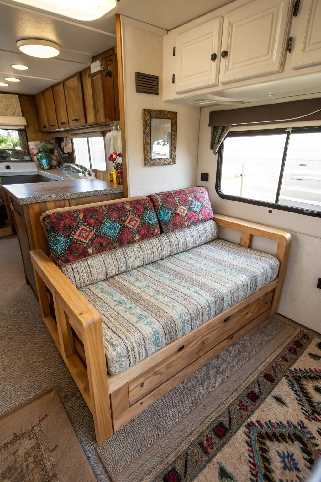 A bespoke DIY couch adds a personal touch to your RV interior.