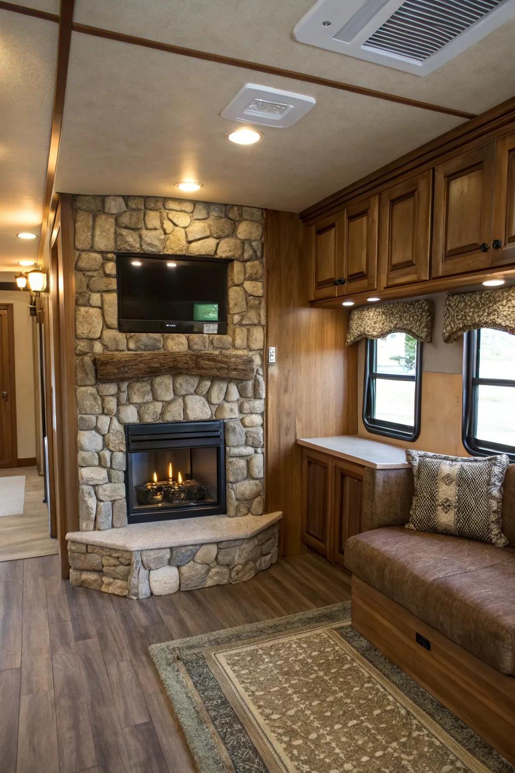 Add country style appeal with a stone-accented fireplace.