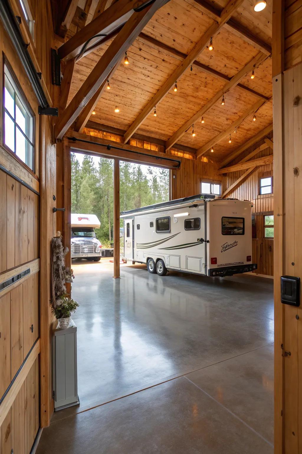 Rustic charm in an RV garage with reclaimed wood and natural tones.