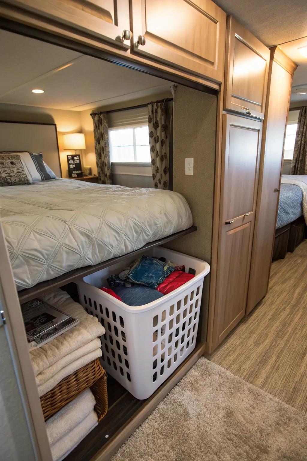 Efficient under-bed storage for a laundry hamper in an RV.