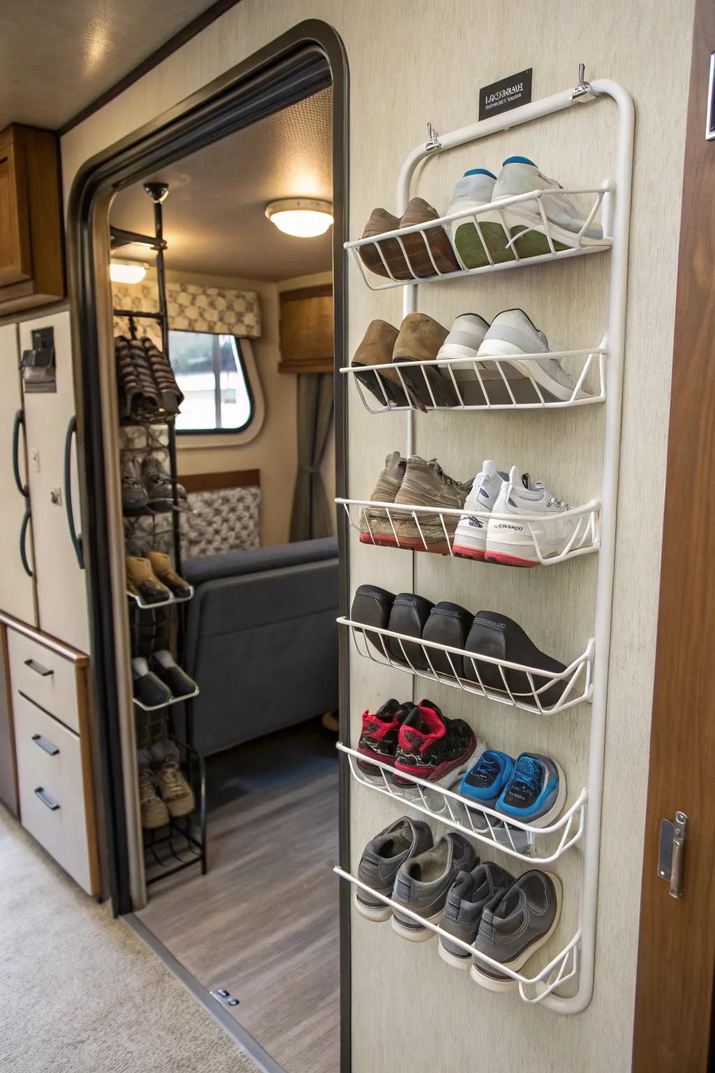 Wall-mounted wire racks offer a stylish method to store shoes.