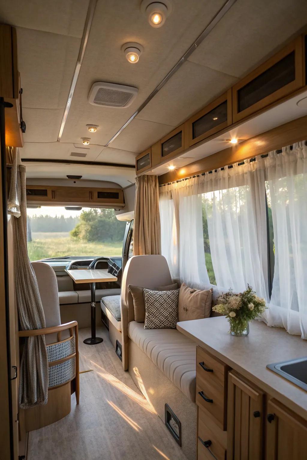 See-through drapes afford seclusion while welcoming natural light.