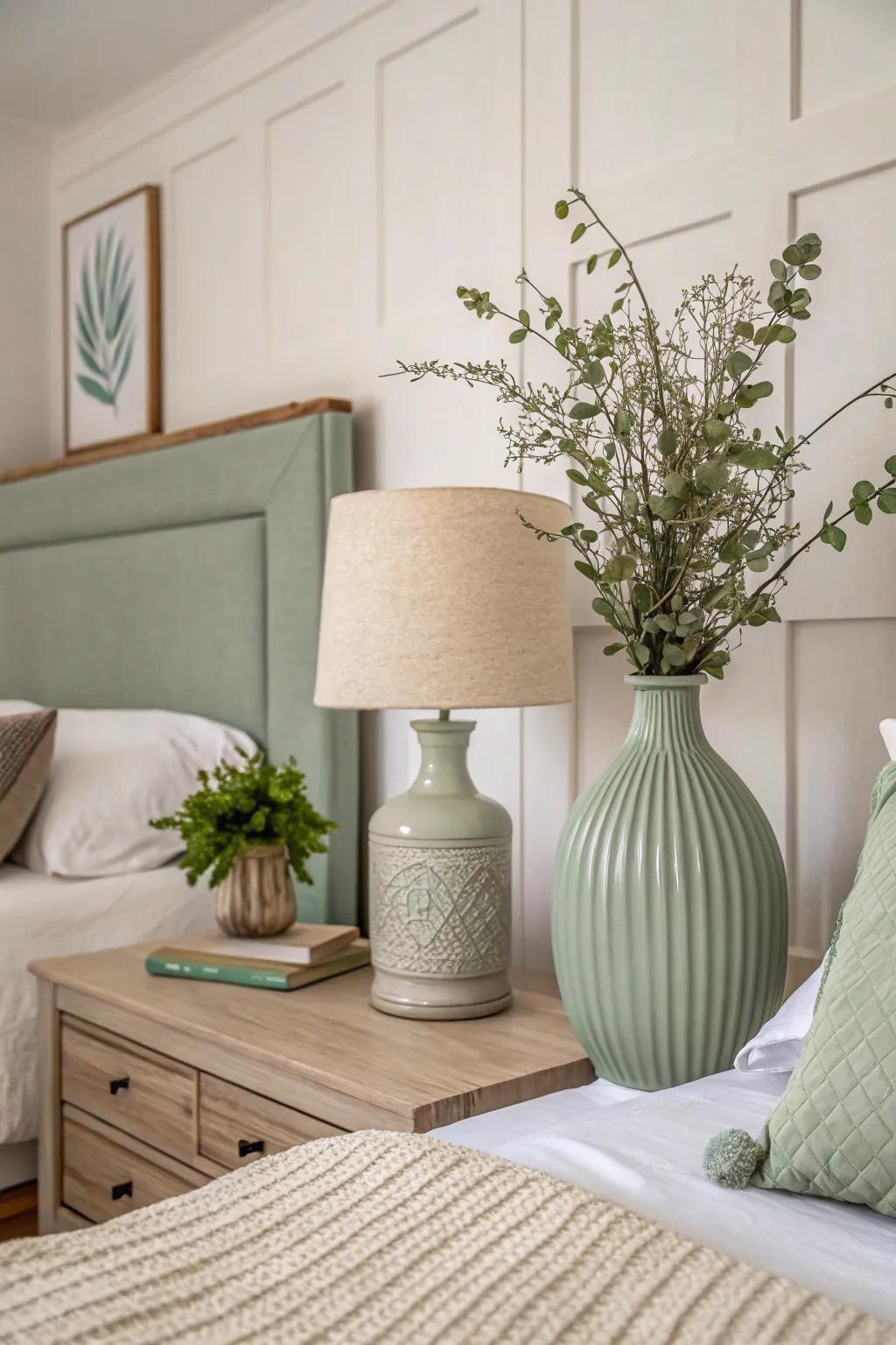 Simple soft green decorative components introduce subtle elegance to a serene sleeping quarters.