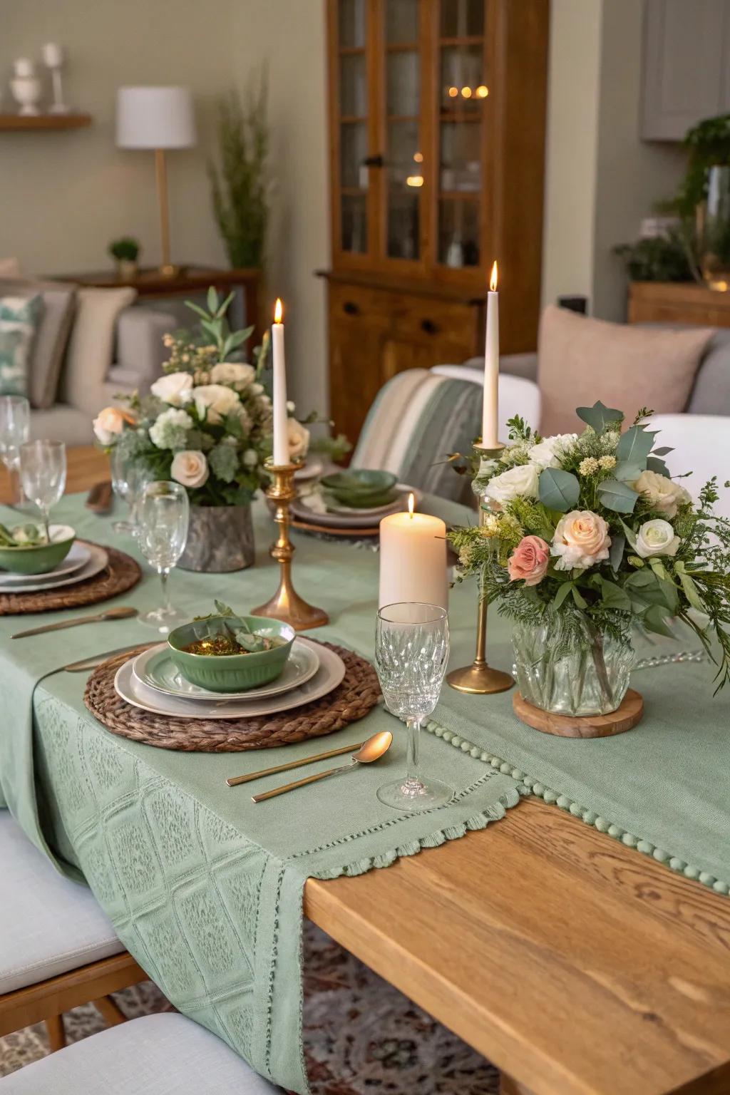A sage green table overlay that wonderfully ties together your table decor.