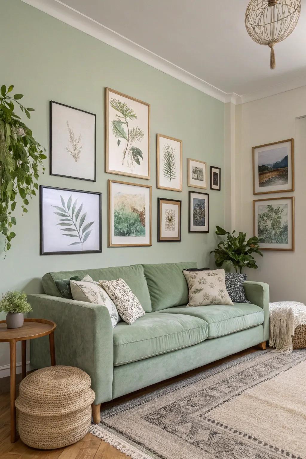 Wall art enriches character and dimension to a sage green living room.