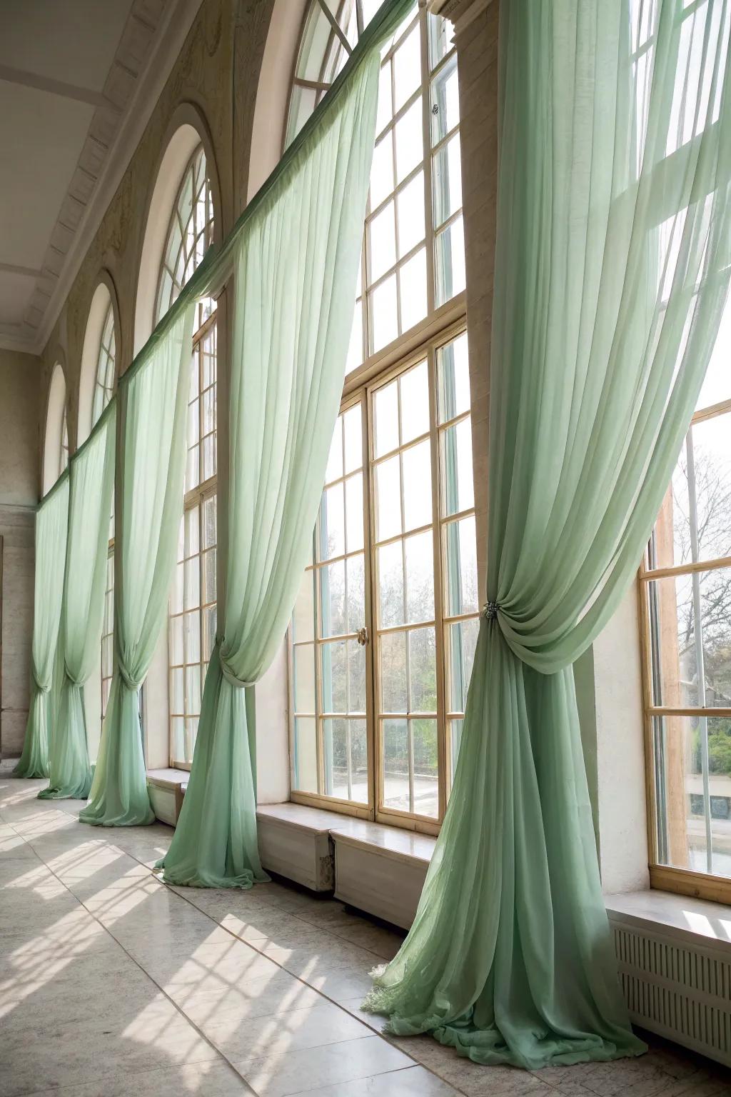 Elegant sage green curtains framing a sunlight-filled window.