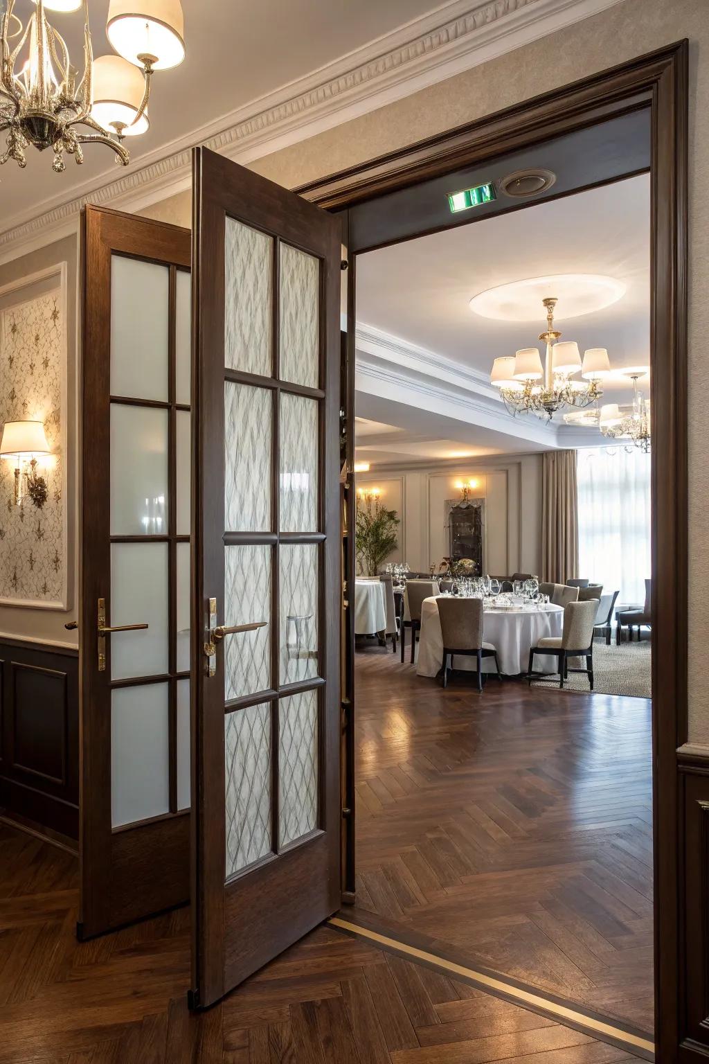 Elegance and privacy with opaque glass swinging doors.
