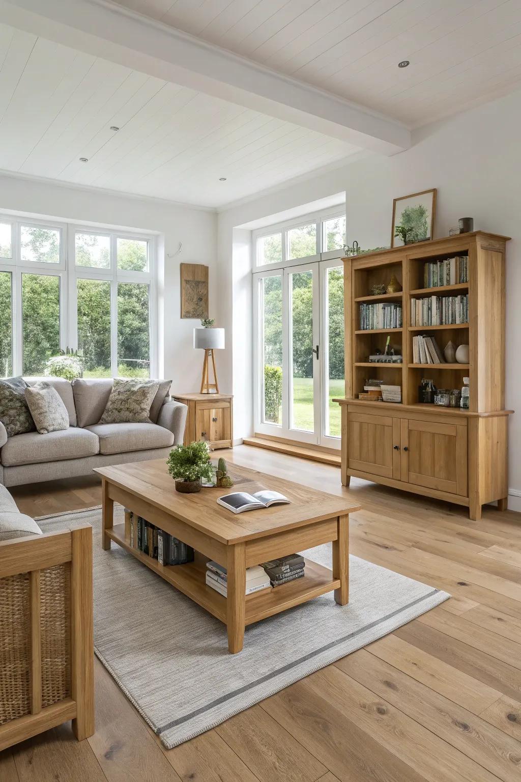 Pale wood tones bring warmth and elegance to a Scandinavian living room.
