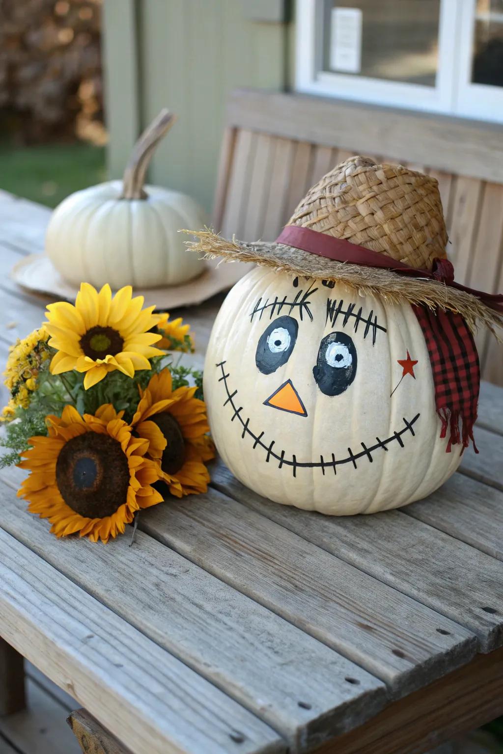 A sunflower introduces a cheerful vibe to a scarecrow pumpkin.