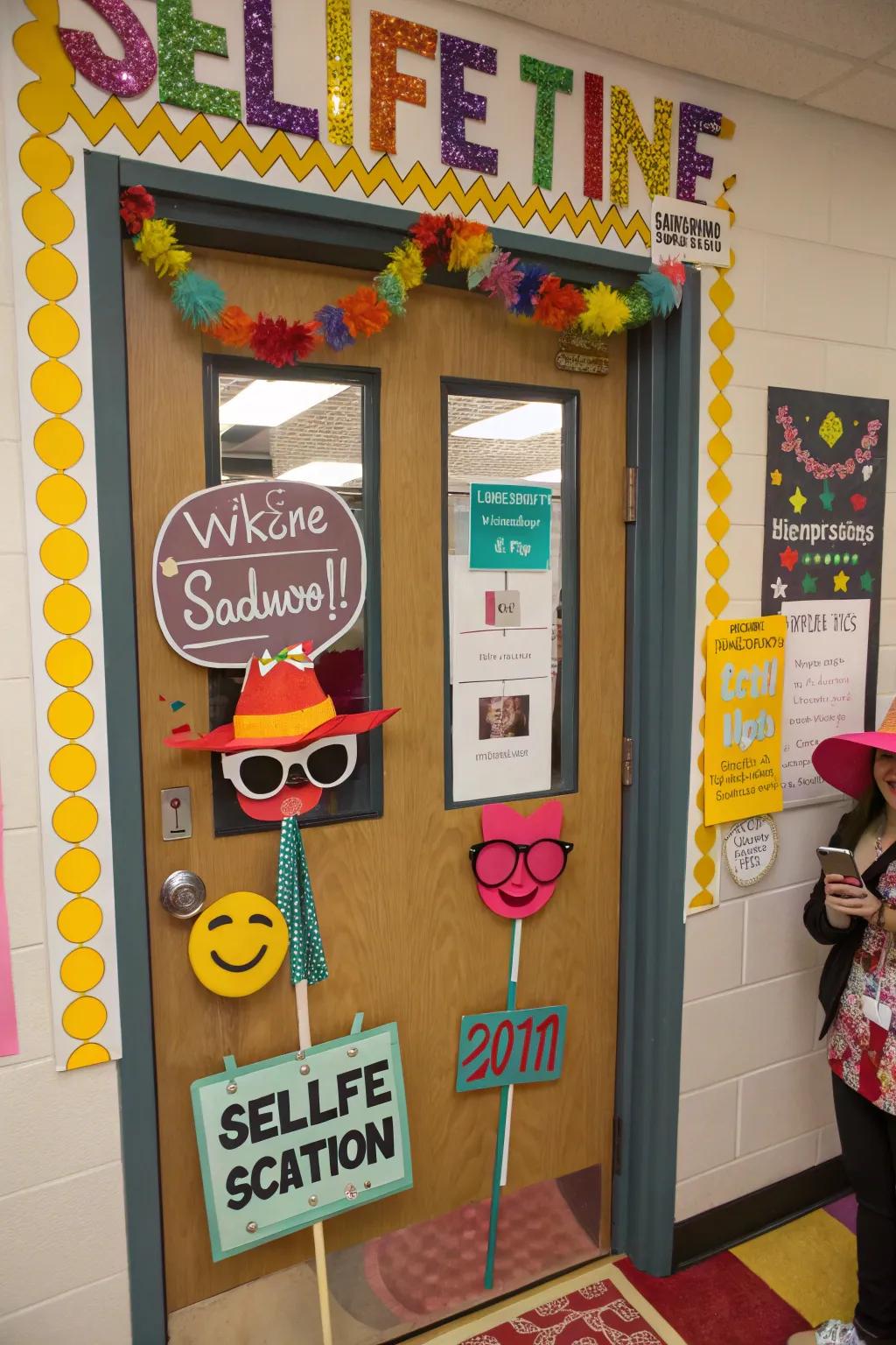 An interactive school door with a selfie station theme.