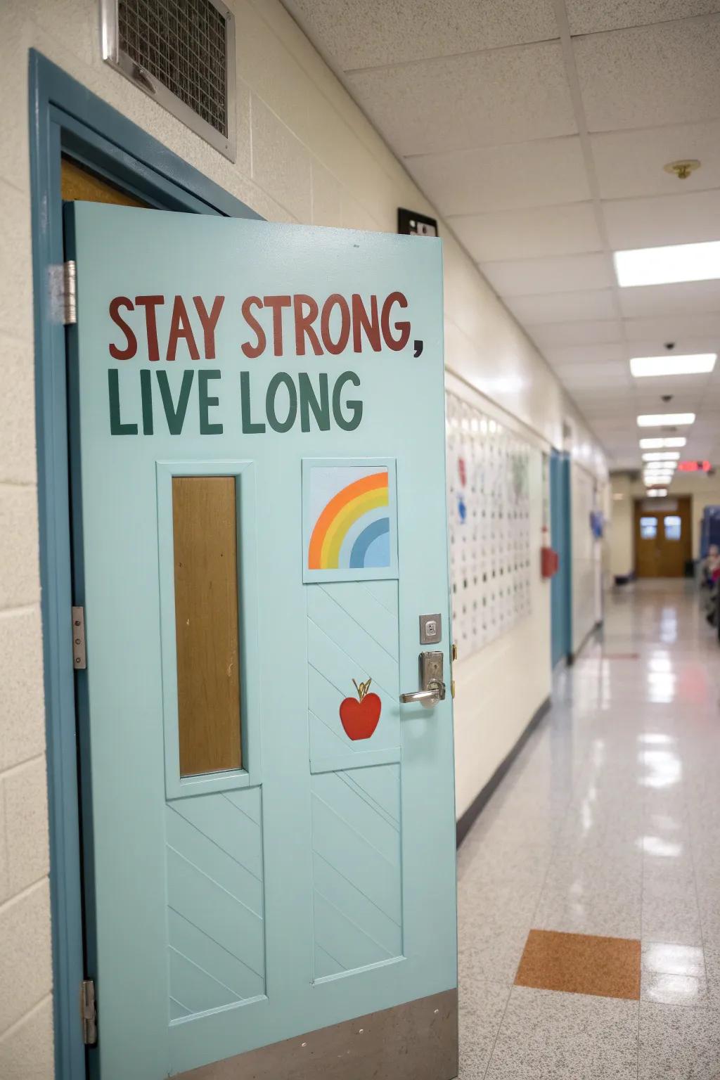 An inspiring door featuring uplifting messages to lift morale.
